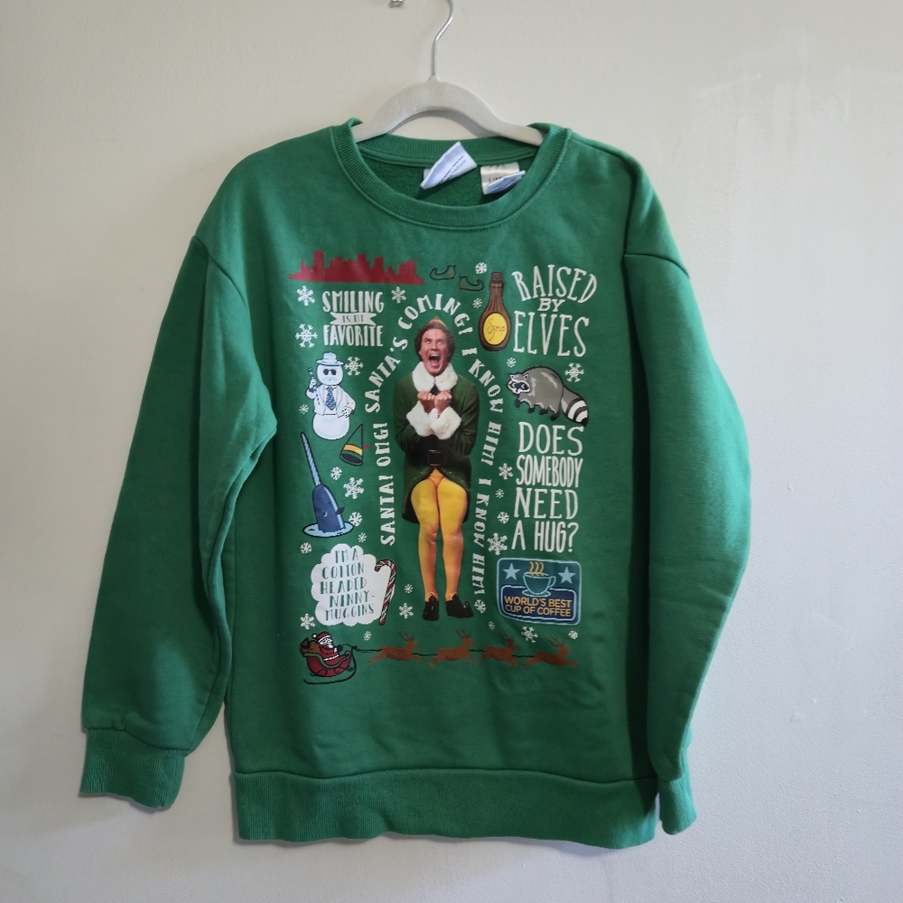 ELF Green Holiday Sweatshirt with Festive Graphics Large Youth 10-12